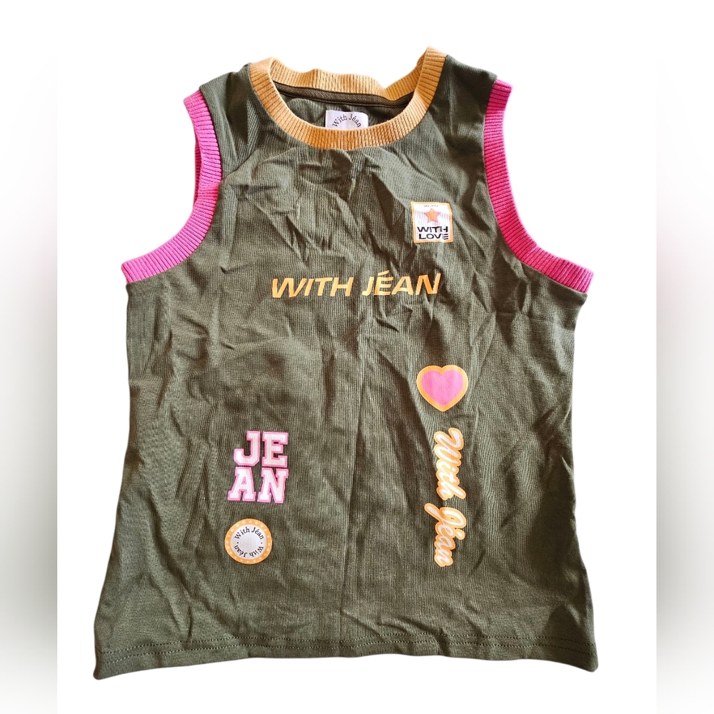 With Jean Y2KGreen Multi Color Love Details Street Wear Smart Casual Tank Top XS